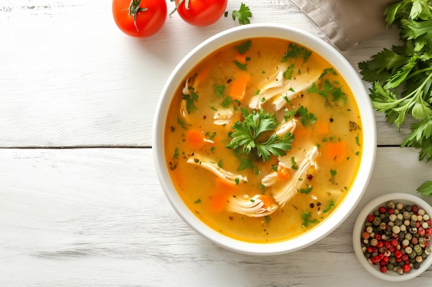 Vista superior de un cuenco con sopa de pollo en un fondo de madera blanca con espacio para el texto