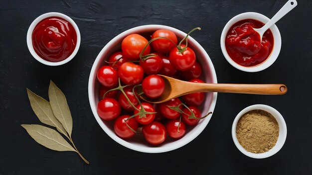 Foto vista superior un cuenco de tomates cereza pimientos rojos calientes una cuchara de madera hojas de bay y cuencos de ketchup un