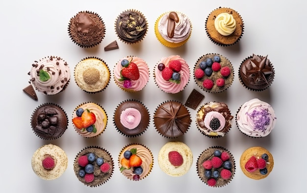 Una vista superior de cupcakes coloridos sobre un fondo blanco postre dulce comida de panadería ai generado