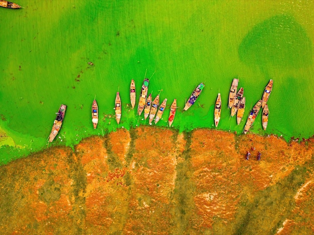 Vista superior da aldeia de pescadores de Ben Nom imagem verde fresca da temporada de algas verdes no lago Tri An com muitos barcos de pesca tradicionais ancorados em Dong Nai, Vietnã