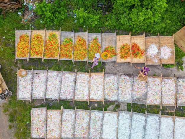 Vista superior da aldeia tradicional fazendo comida de geleia colorida Eles estavam secando geleia fresca em uma grade de madeira para o mercado conceito de estilo de vida