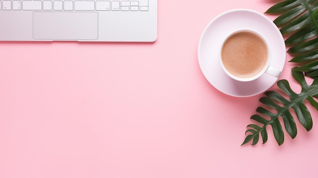 vista superior da área de trabalho com computador e xícara de café em fundo rosa pastel