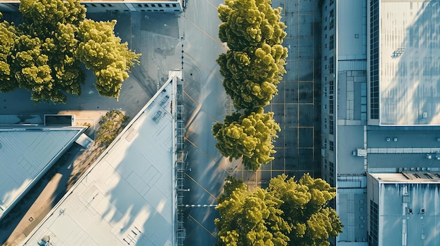 Foto vista superior da área urbana com edifícios modernos, estacionamentos e árvores verdes