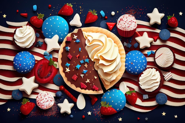 Vista superior da bandeira americana decorada e alimentos doces com estrelas e confetes Generative Ai