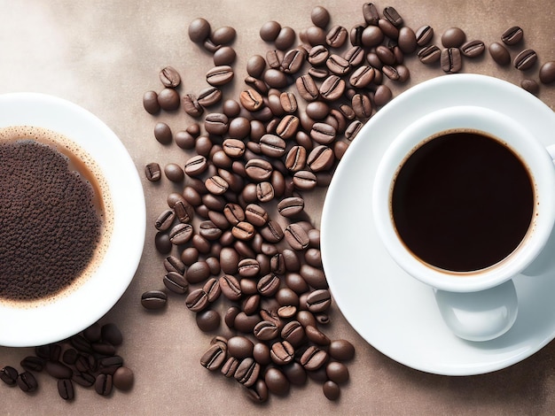 Vista superior da chávena de café e dos grãos de café gerados