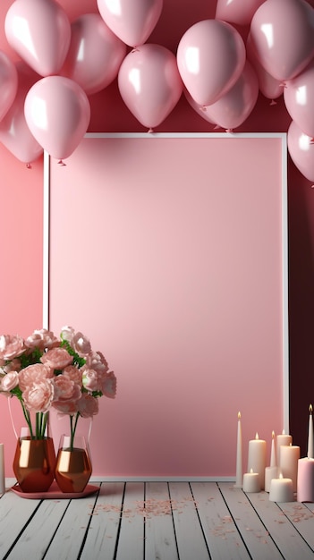 Vista superior da elegância pastel da mesa rosa com moldura bordada, confete, delícia de aniversário Vertical Mo