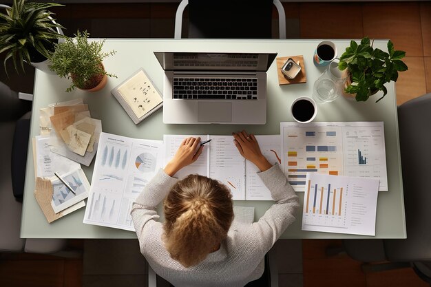 Vista superior da empresária trabalhando com laptop à mesa no escritório acima da vista