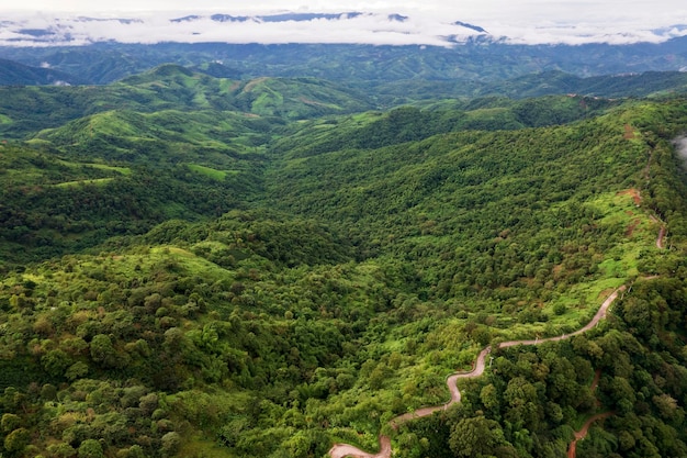 Vista superior da estrada rural, passando pelo verde forrest e montanha
