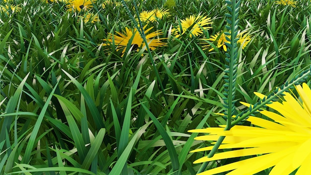 Vista superior da grama verde e fundo de flores de dente de leão. ilustração 3D