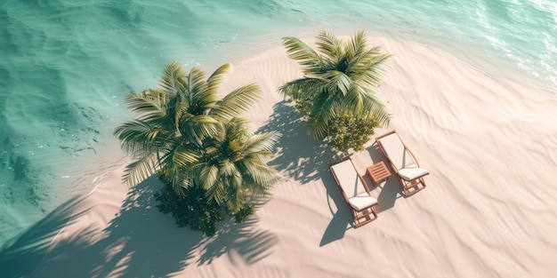 Vista superior da ilha com cadeira de praia e palmeiras tropicais
