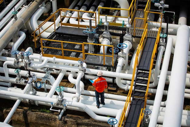 Vista superior da inspeção do trabalhador masculino na válvula do registro de verificação visual da indústria de óleo e gás do oleoduto