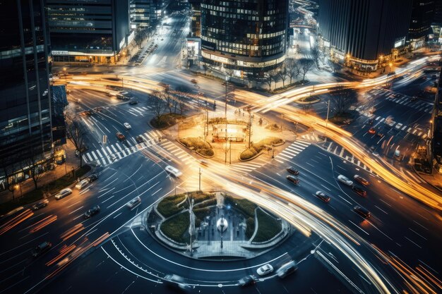 Foto vista superior da intersecção em uma cidade próspera lapse de tempo do carro longa velocidade do obturador