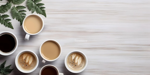 Vista superior da mesa de xícaras de café e folhas pinadas compostas