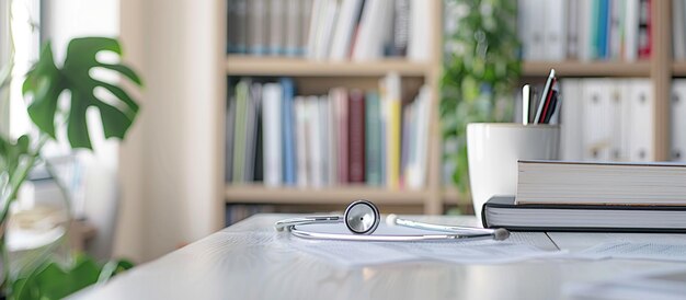 Vista superior da mesa do médico Um estetoscópio e livros médicos no fundo desfocado