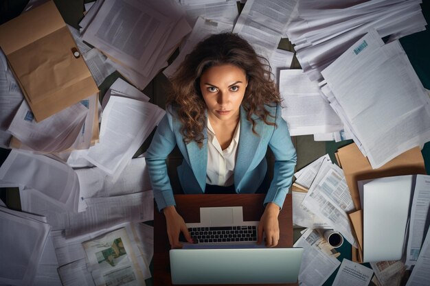 Foto vista superior da mulher gerente analisando a estratégia de papelada financeira digitando experiência no laptop