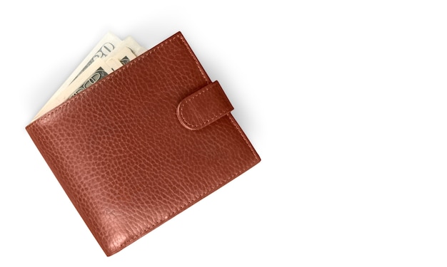 Vista superior da nova carteira preta de couro genuíno com notas e cartão de crédito dentro.
