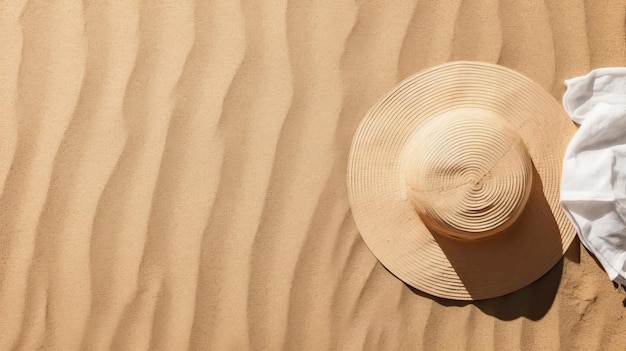 Vista superior da praia com chapéu de sol e toalha com Generative AI Technology