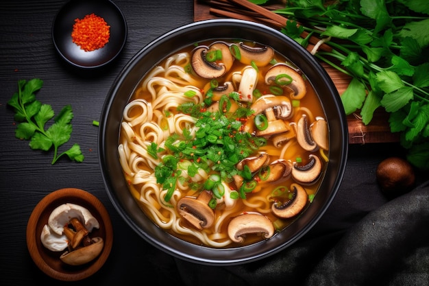 Vista superior da sopa de macarrão vegan asiático com queijo tofu, cogumelos shiitake e alface em uma tigela branca