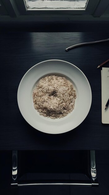 Vista superior de arroz cru dentro de um prato em uma mesa escura