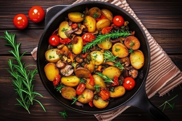 Vista superior de batatas fritas de comida vegetariana com tomates, cogumelos, azeitonas e verduras decoradas com w