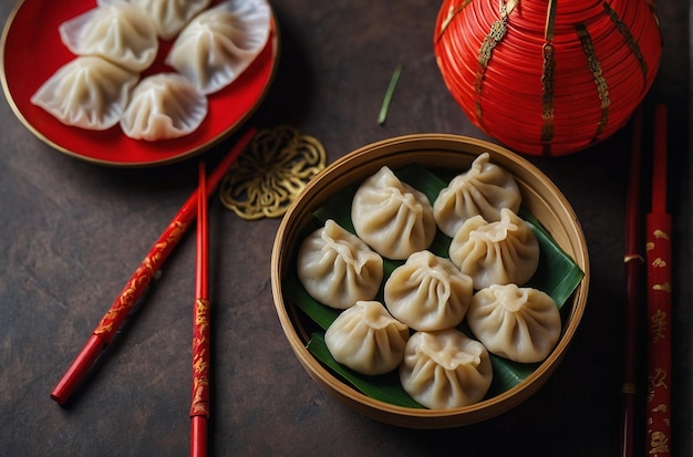 Vista superior de bolinhos e pingente ano novo chinês