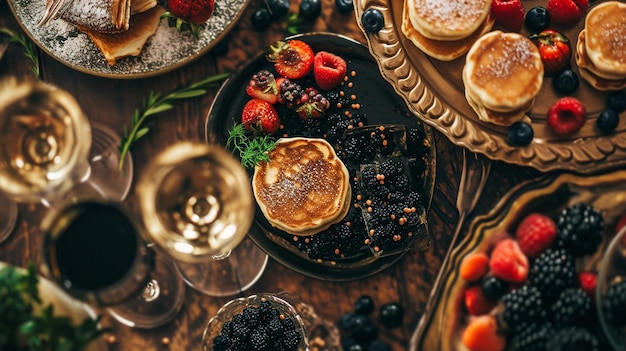 vista superior de caviar preto mini panquecas e champanhe