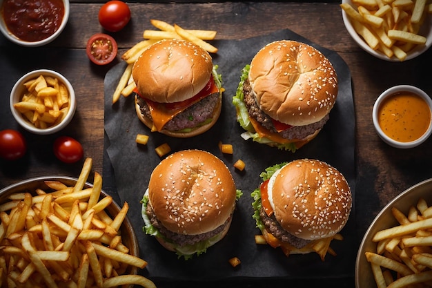 vista superior de cheeseburgers clássicos ao lado de batatas fritas fast food carne grelhada