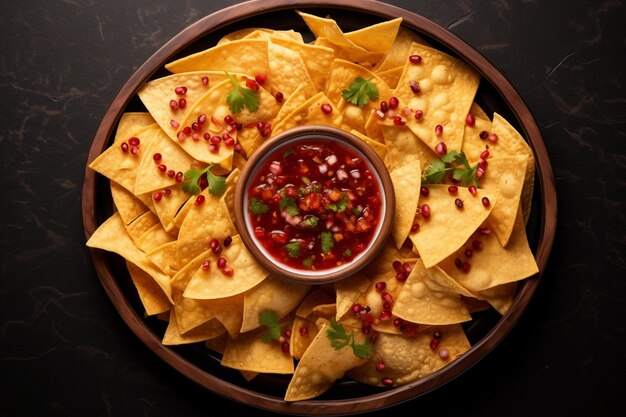 Vista superior de chips de nachos mexicanos com molho de salsa picante em recipiente