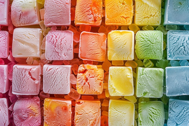 Foto vista superior de colheres de sorvete coloridas em fileiras com cores vibrantes