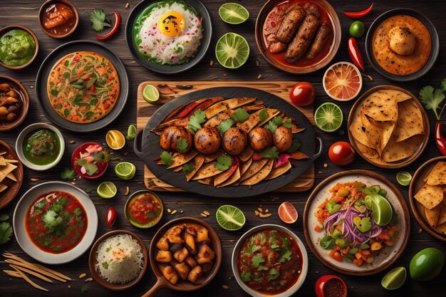 Vista superior de diferentes pratos indianos em fundo escuro Cozinha indiana ai generativa
