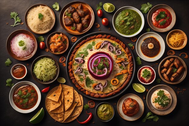 Vista superior de diferentes pratos indianos em fundo escuro Cozinha indiana ai generativa