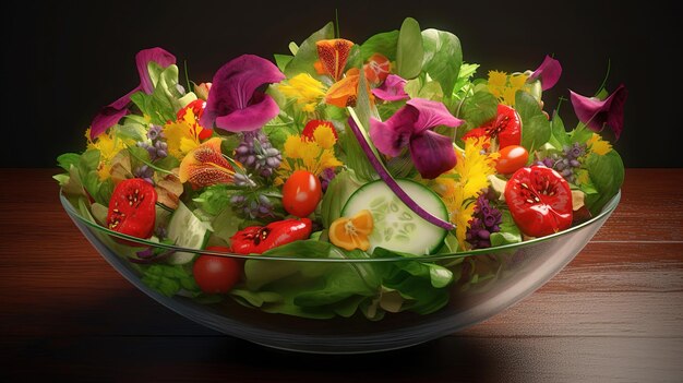 Vista superior de diferentes vegetais fatiados com salada de frango Generative ai
