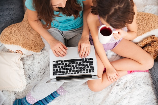 Vista superior de duas irmãs muito felizes bebendo chá e usando o laptop juntas