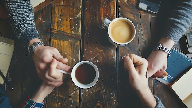 Foto vista superior de duas pessoas irreconhecíveis de mãos dadas sobre uma mesa de madeira com duas xícaras de café sobre ela