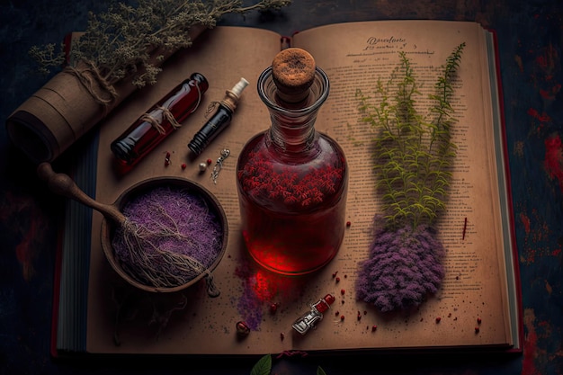 Foto vista superior de ervas secas de garrafa de poção vermelha e livro velho aberto na mesa de madeira criado com ai generativo