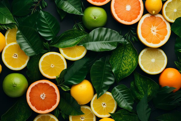 Foto vista superior de fatias de citrinos vibrantes e suculentas criando uma composição refrescante e texturizada