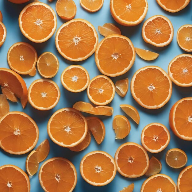 Foto vista superior de fatias frescas de mandarina alinhadas em fundo azul claro