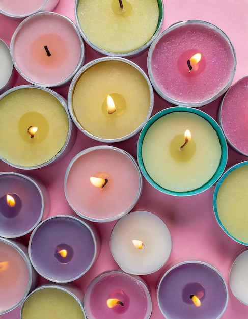 Foto vista superior de fileiras de velas de luz de chá de cera multicoloridas não usadas linha de velas de água novas como fundo