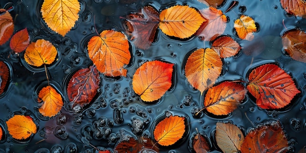 Vista superior de folhas de outono na água da chuva flutuando perfeita para um fundo de produto natural para publicidade AI gerativa