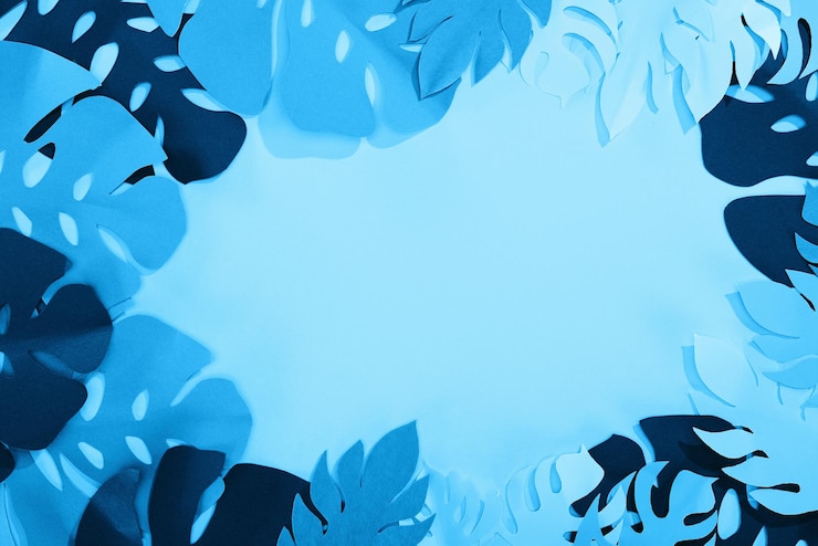 Foto vista superior de folhas tropicais cortadas em papel sobre fundo azul minimalista com espaço de cópia