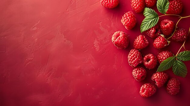 Foto vista superior de framboesas orgânicas frescas com folhas verdes em um fundo de textura vermelha conceito de alimentação saudável