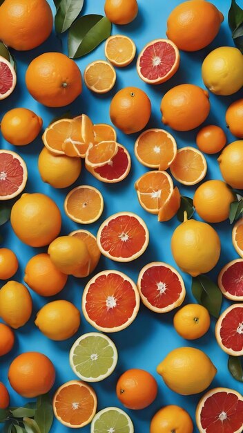 Foto vista superior de frutas cítricas como laranja, limão, tangerina e kumquats no lado esquerdo e com fundo azul