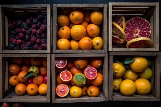 Vista superior de frutas em gaiolas retangulares de madeira em IA generativa de fundo rural de mercado