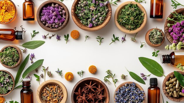 Vista superior de garrafas e folhas de ervas medicinais naturais em uma superfície limpa como uma moldura e espaço de cópia dentro dela IA generativa