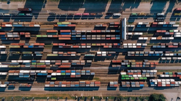 Vista superior de IA generativa de vários caminhões e contêineres ao lado de um armazém de logística