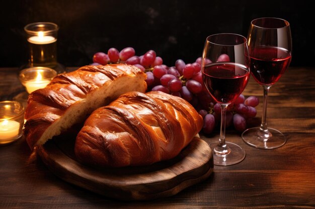 Foto vista superior de itens de shabbat challah pão vinho e velas