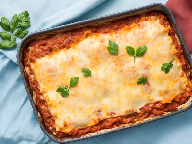 Vista superior de lasanha com camadas de molho de carne de pasta e bechamel cremoso