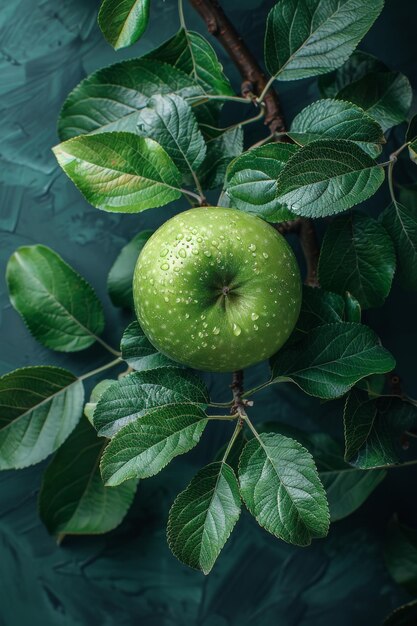 Foto vista superior de maçã verde com folhas