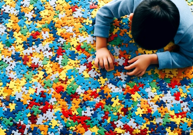 Vista superior de mãos de uma criança pequena arranjando quebra-cabeça de cores símbolo de conscientização pública para o autismo