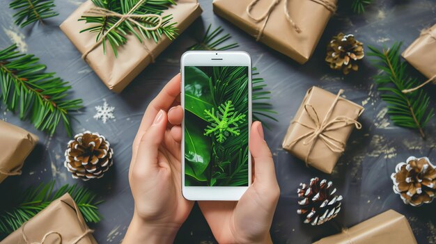 Vista superior de mãos de uma mulher segurando um smartphone com uma foto de um floco de neve verde na tela